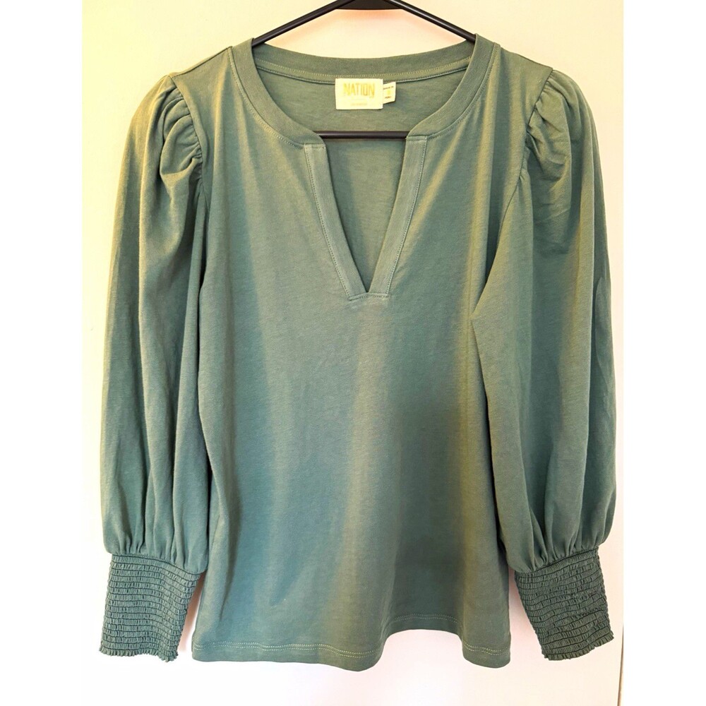Nation Ltd Green Solid V-Neck Puff Long Sleeve Smocked Cuff Knit Top S
